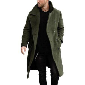 Men's Green Double-Breasted Trench Coat with Lapel Collar for Business & Winter